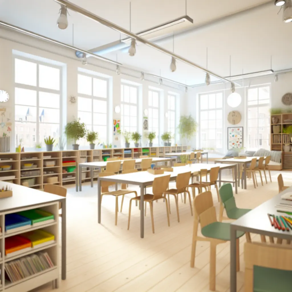 Licht klaslokaal met werktafels, boeken en kunstmaterialen