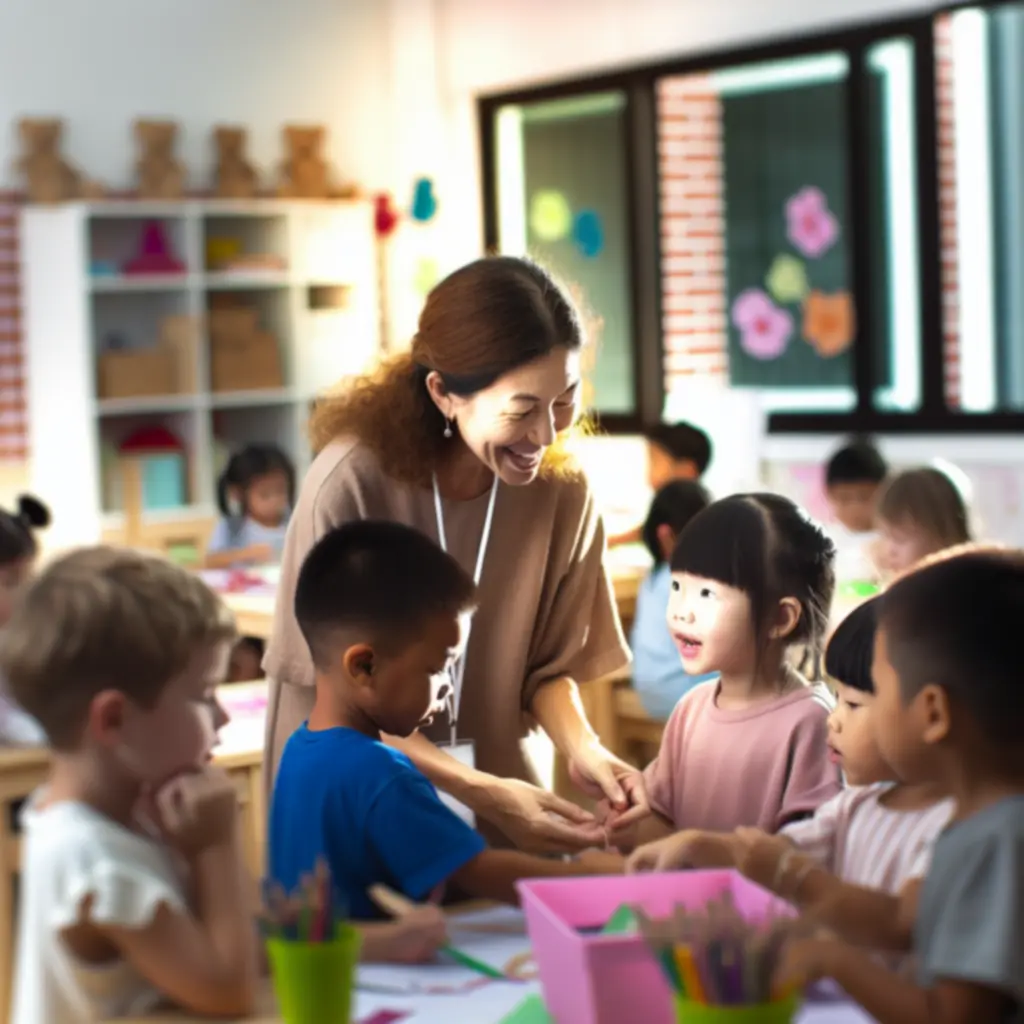 Leraar begeleidt een kleine groep kinderen tijdens een creatief project