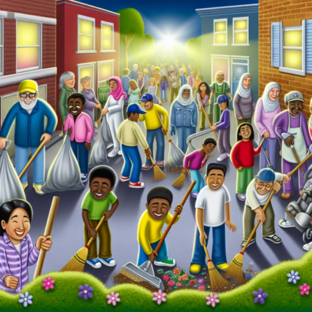 Leerlingen en ouders helpen samen tijdens een buurtopruimdag