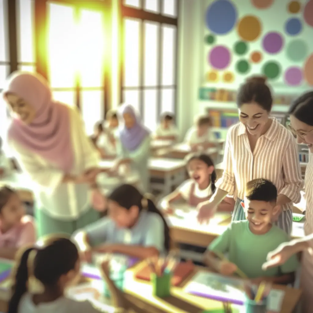 Leerkrachten begeleiden kinderen in een lichte, vriendelijke klasomgeving