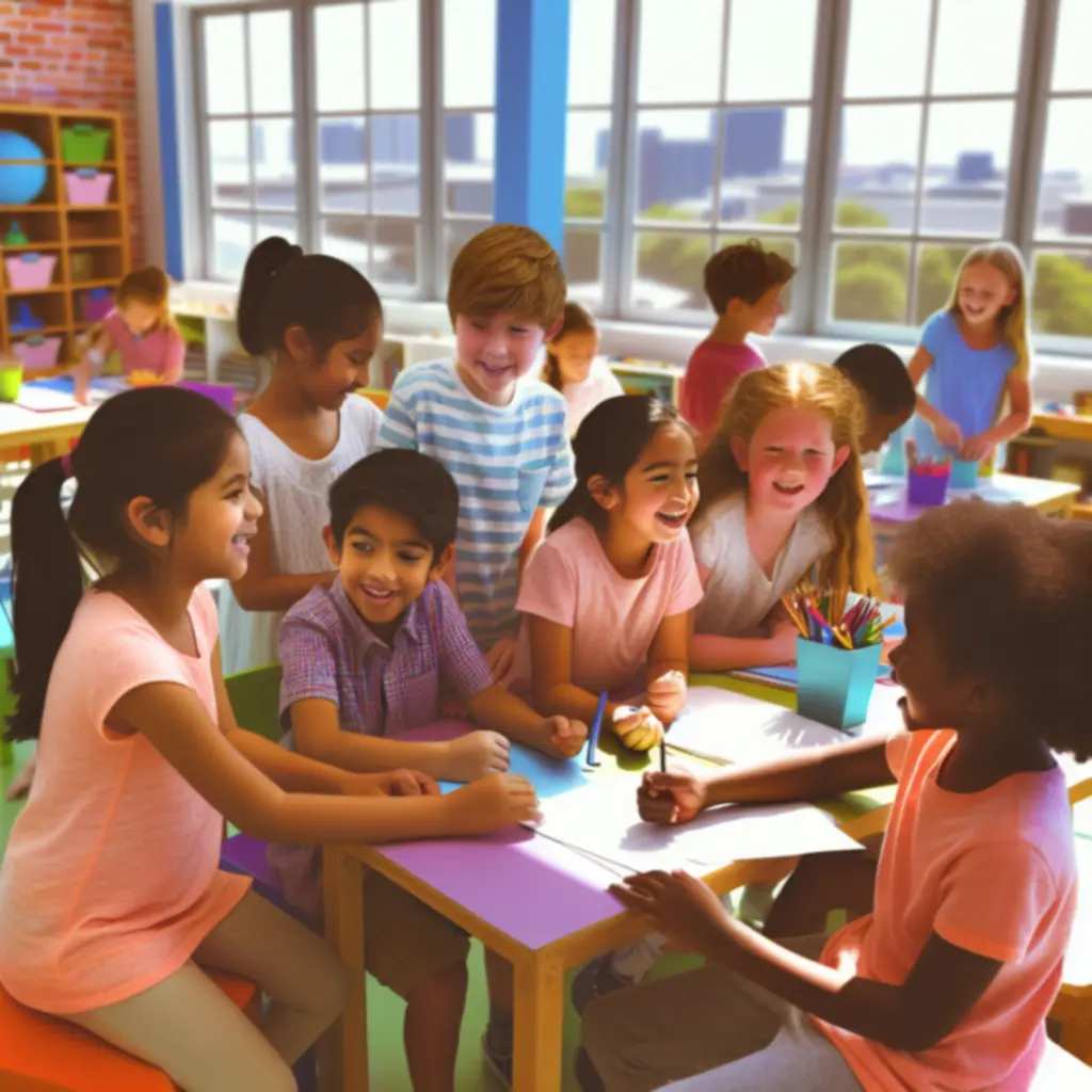 Vrolijke leerlingen en docenten in een kleurrijk klaslokaal