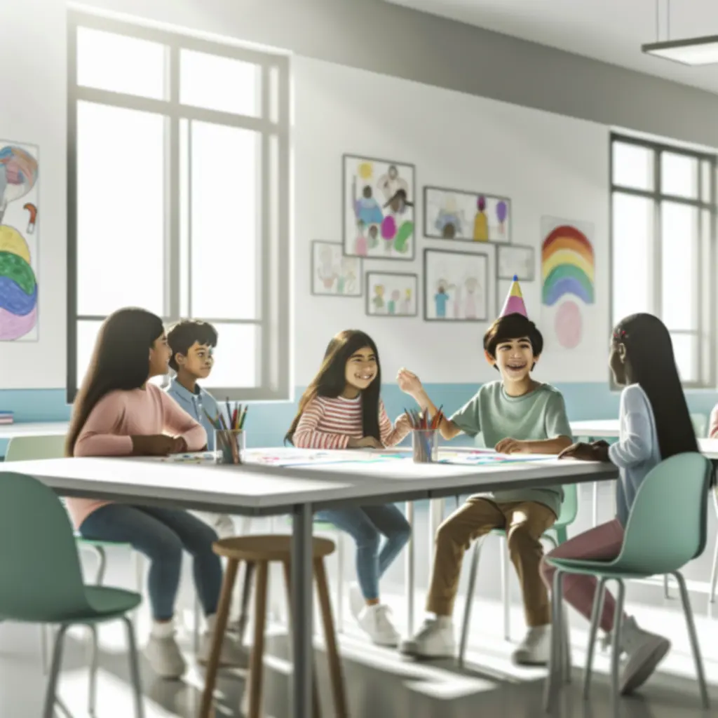 Leerlingen werken samen aan een kleurrijk klasproject in een lichte ruimte