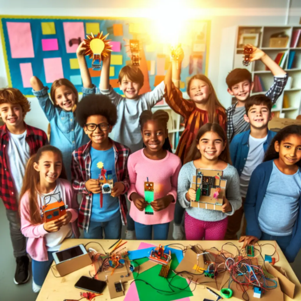 Kinderen presenteren een kleurrijk kunst- en techniekproject