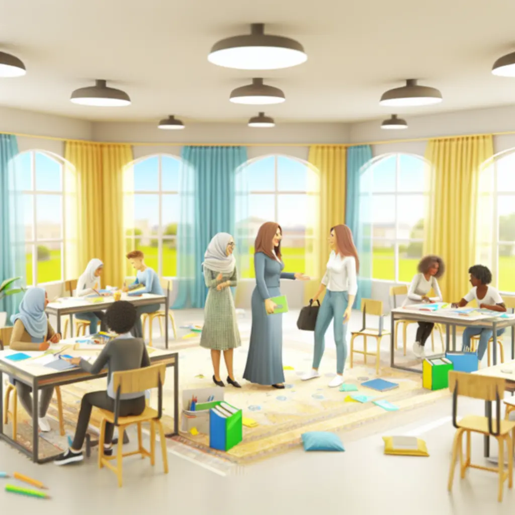 Vrolijke leerlingen in een lichte, kleurrijke klasruimte samenwerkend met een leerkracht